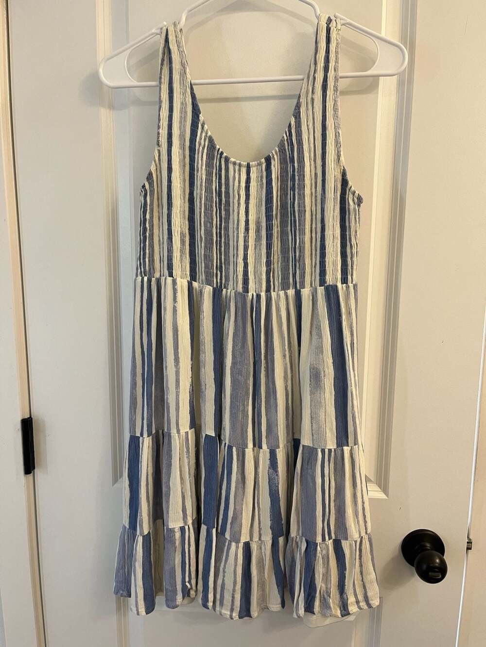 Doe & Rae Blue and White Striped Sleeveless Tiered Dress